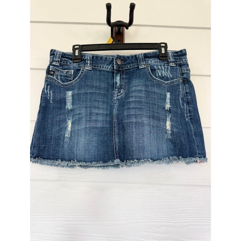 S- 015-Rock and Roll Cowgirl Distressed Denim Mini Skirt Rhinestone Cross